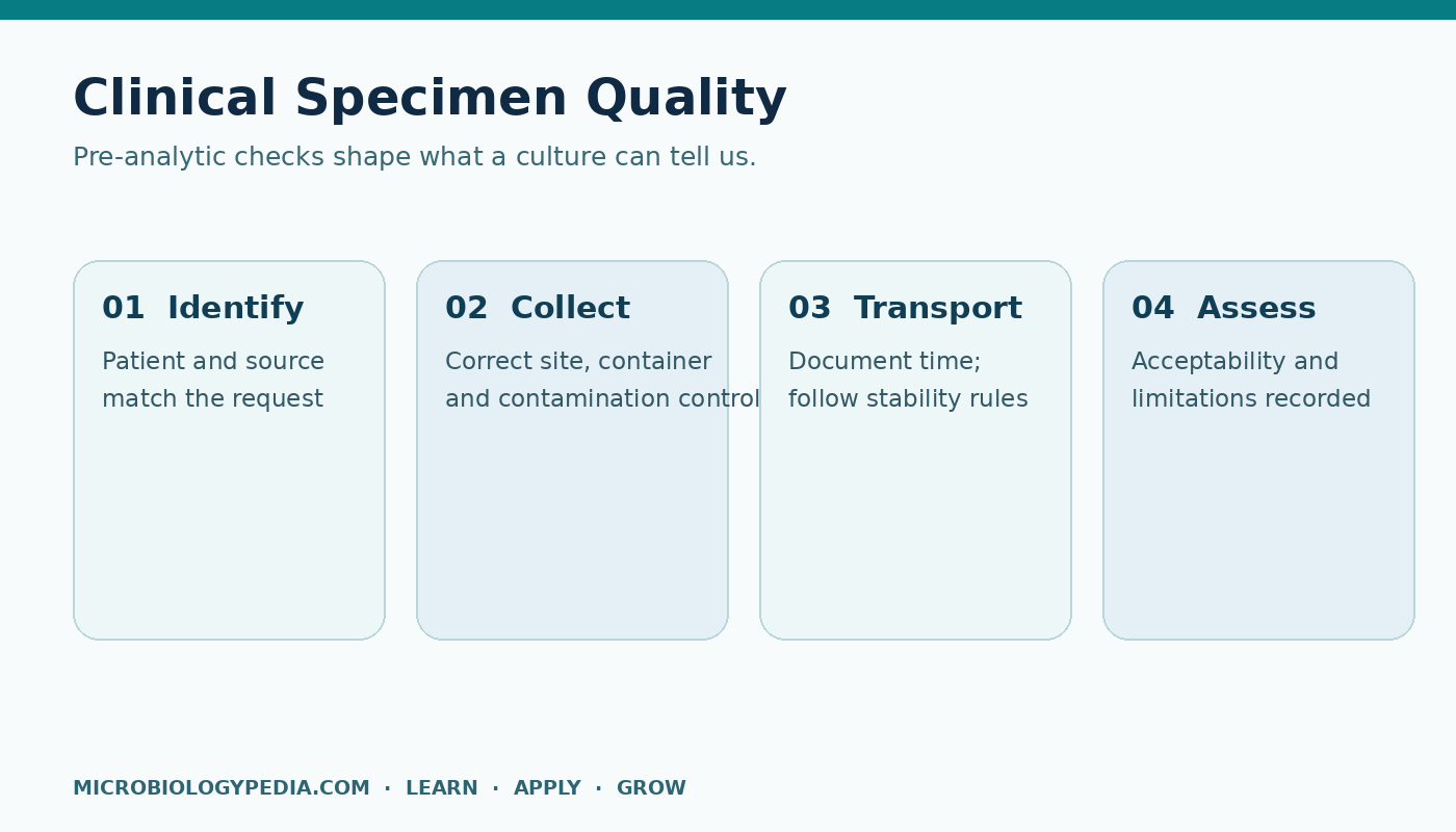 Illustrated sequence for checking specimen quality, Gram stain, culture growth, and interpretation