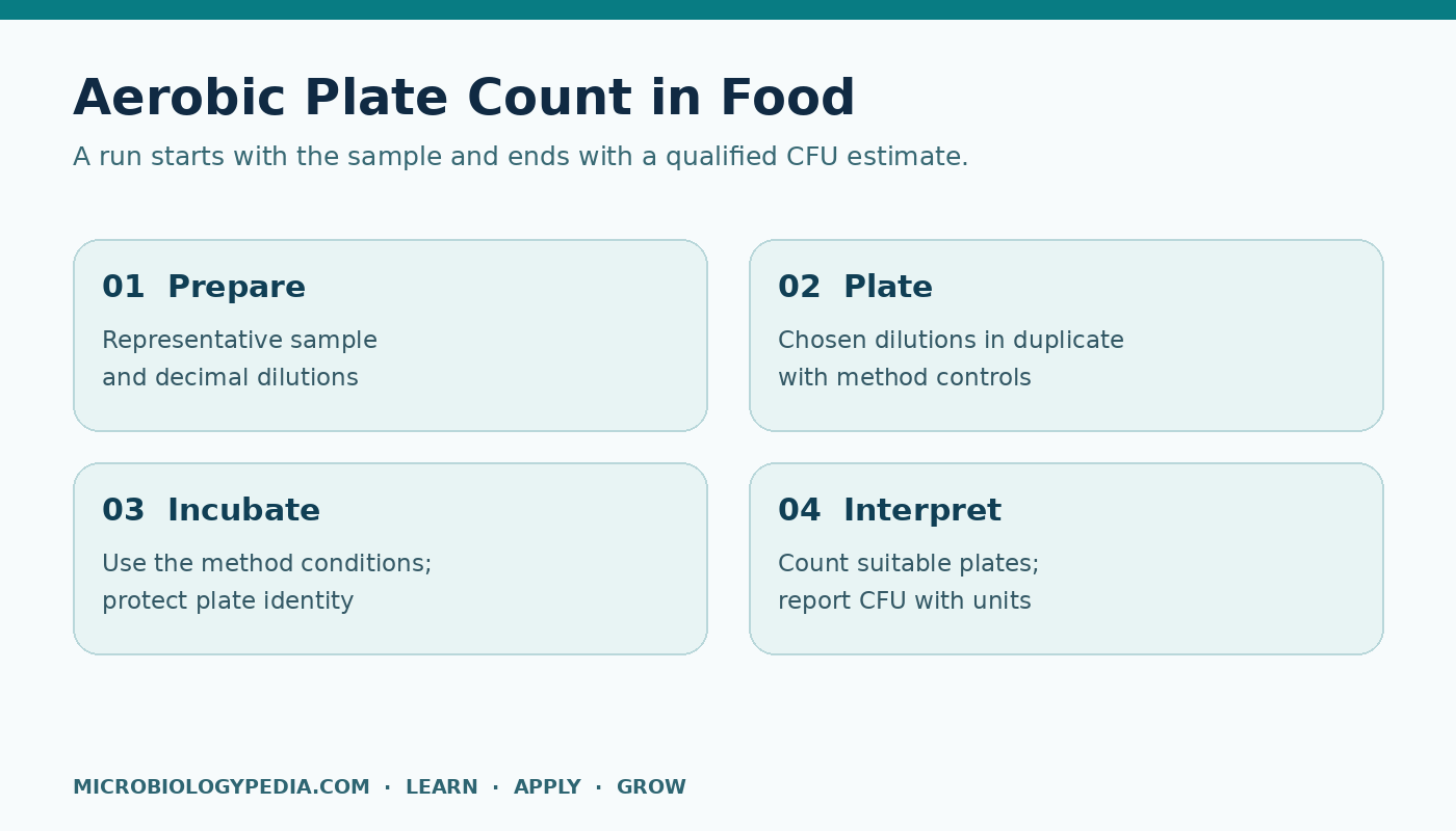Workflow from food sample and serial dilution to countable plate and result calculation