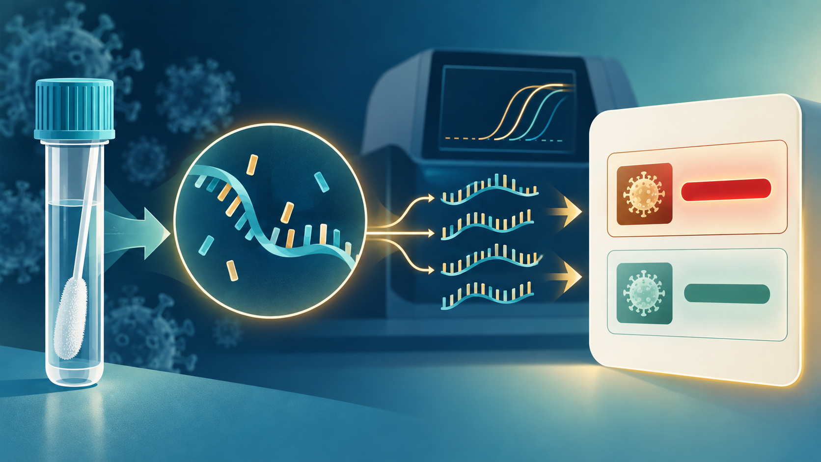 Conceptual illustration of a respiratory swab, viral genetic material, molecular testing, and a result panel